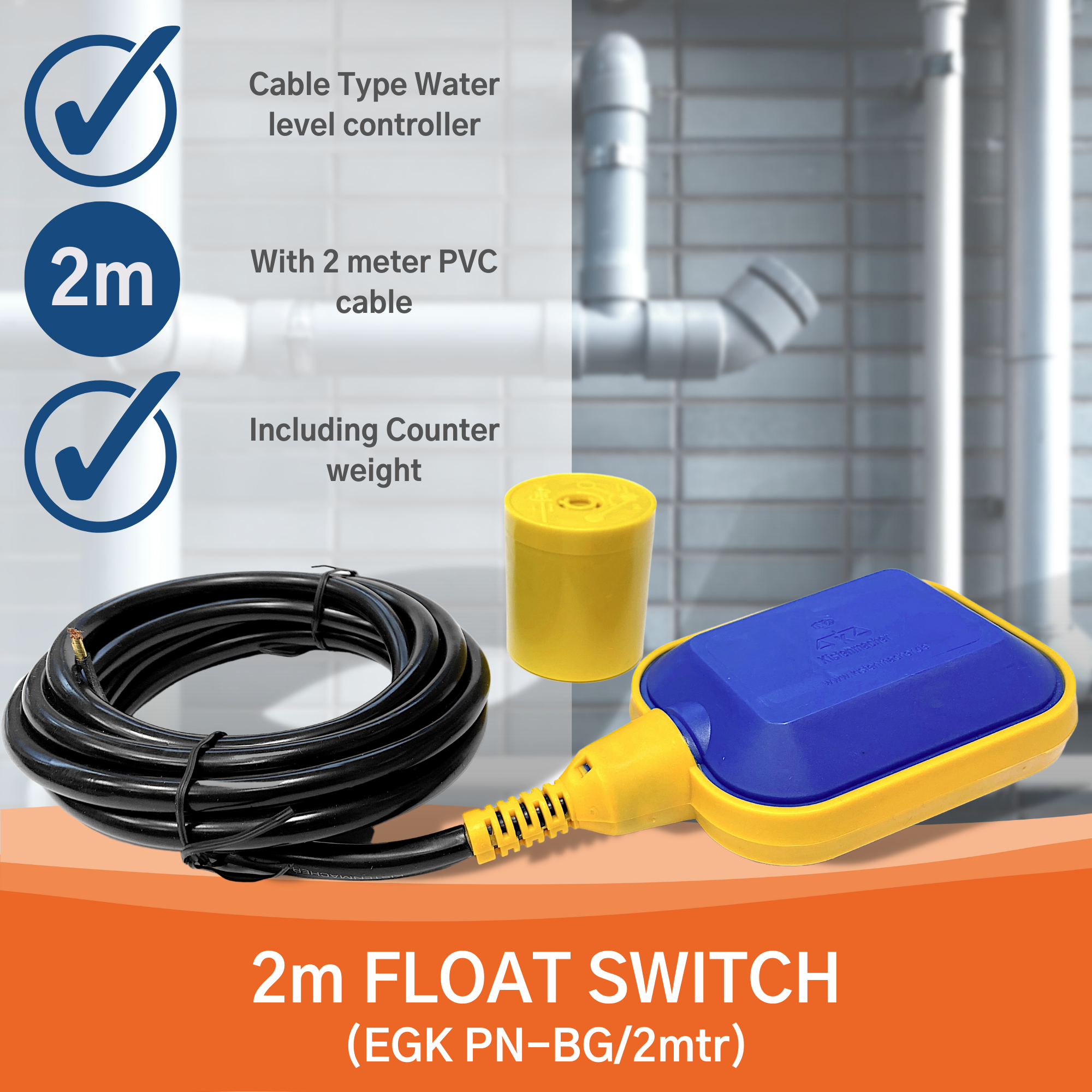 KISTENMACHER Float Switch (2 Meter cable), 16(8)A / 250 V, for handling of water tanks and water pumps